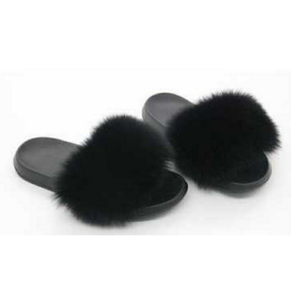 Women's Faux Fur Slide Slip Sandals Black Shoe 7.5 - Picture 1 of 4